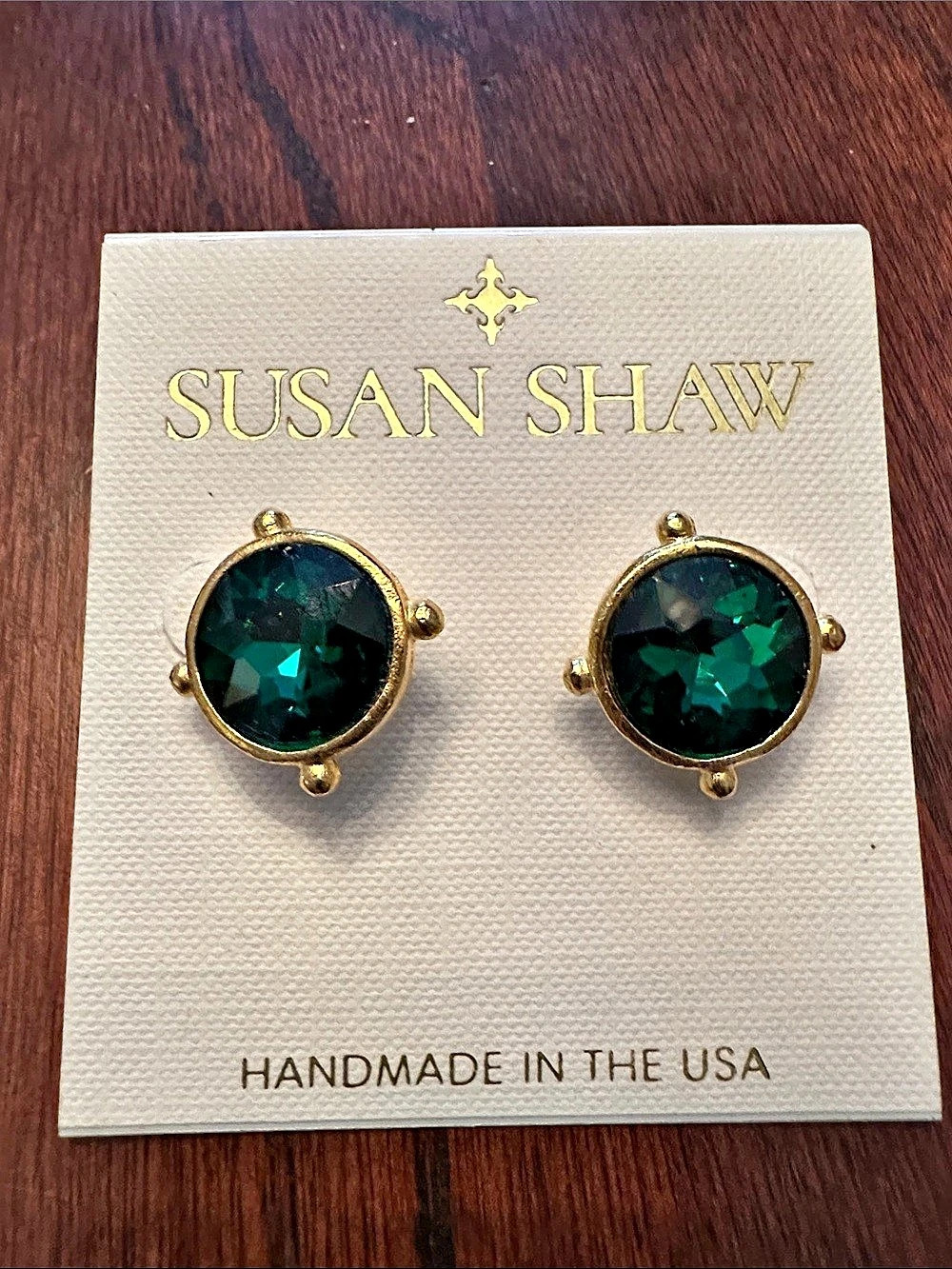 Susan Shaw Charlotte Studs - Emerald Green Faceted Stud Earrings NWT